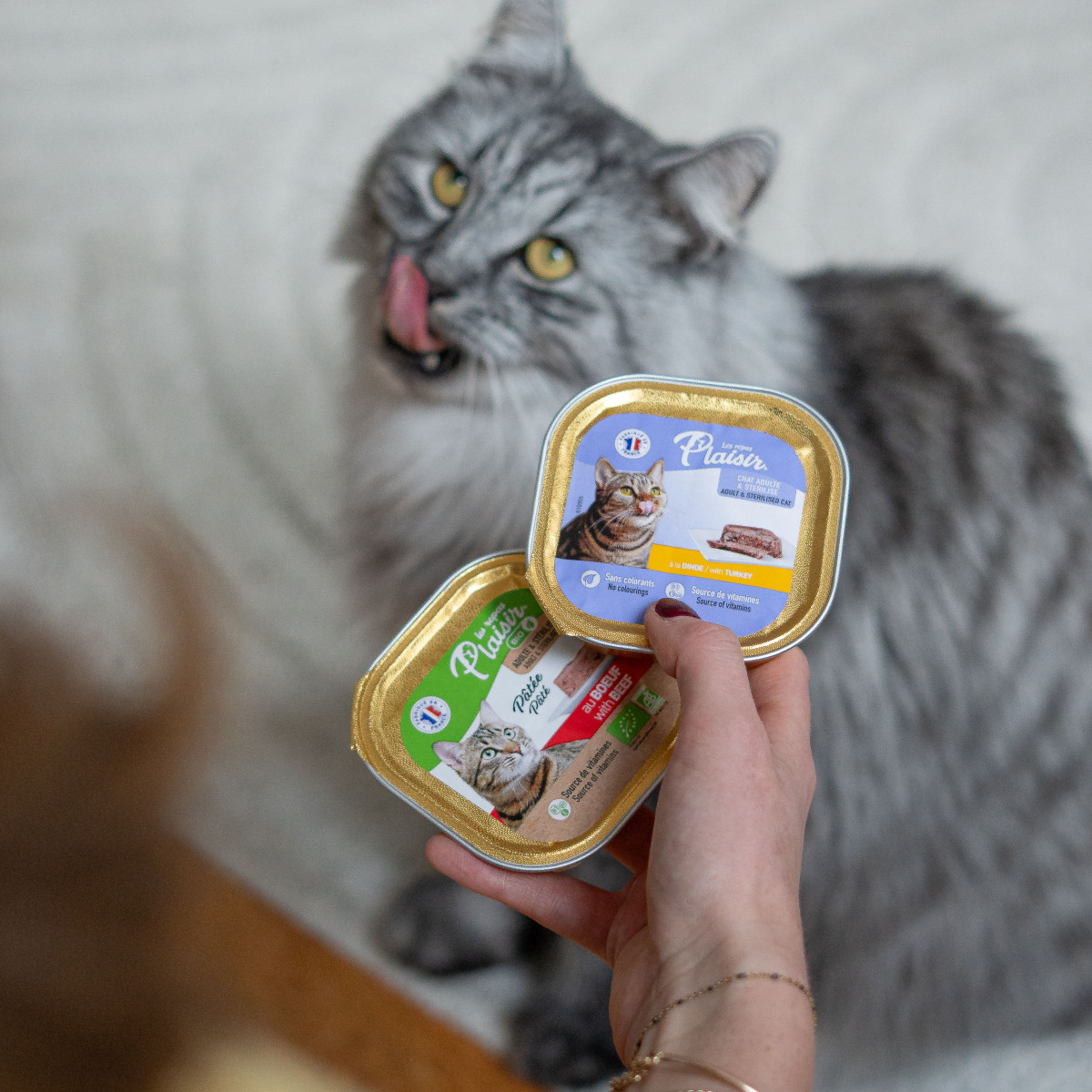 Packshot produits Les Repas Plaisir avec un chat en fond